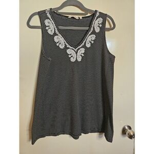 Ladies Soft Surroundings Soutache Black White V Neck Sleeveless Top Size‎ M